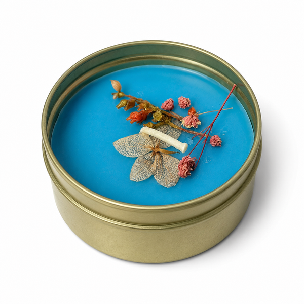 Artisanal Blue Floral Tin Candle
